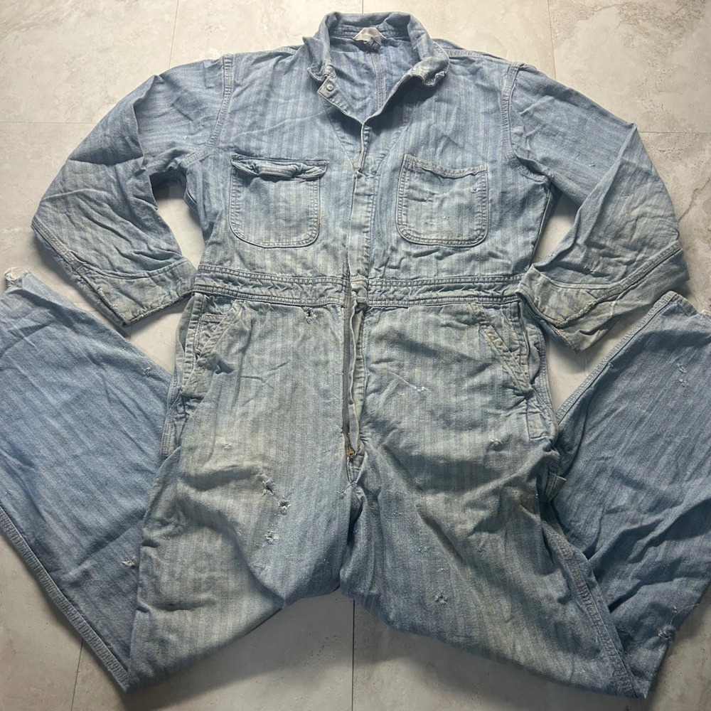 Montgomery Ward Herringbone Twill Coveralls Blue Men Size 42 Distressed Vintage